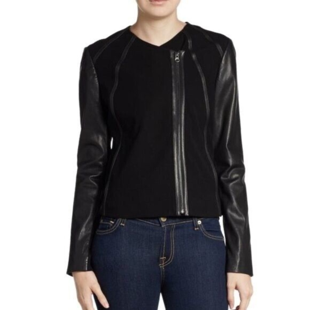 Vince Leather and Ponte Zip Up Moto Jacket Leather Moto Jacket Sz Small